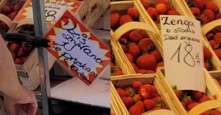 Sprzedają truskawki. Spójrzcie na karteczki. Czy to w ogóle możliwe?