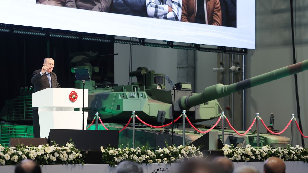 ANKARA, TURKIYE - OCTOBER 28: (----EDITORIAL USE ONLY  MANDATORY CREDIT - 'TURKISH PRESIDENCY / MUSTAFA KAMACI / HANDOUT' - NO MARKETING NO ADVERTISING CAMPAIGNS - DISTRIBUTED AS A SERVICE TO CLIENTS----) Turkish President Recep Tayyip Erdogan attends the Ceremony for the Opening of BMC Ankara Tank and New Generation Armored Vehicles Production Facility and the First Delivery of New Altay Tanks at Kahramankazan district of Ankara, Turkiye on October 28, 2025. (Photo by TUR Presidency / Mustafa Kamaci/Anadolu via Getty Images)