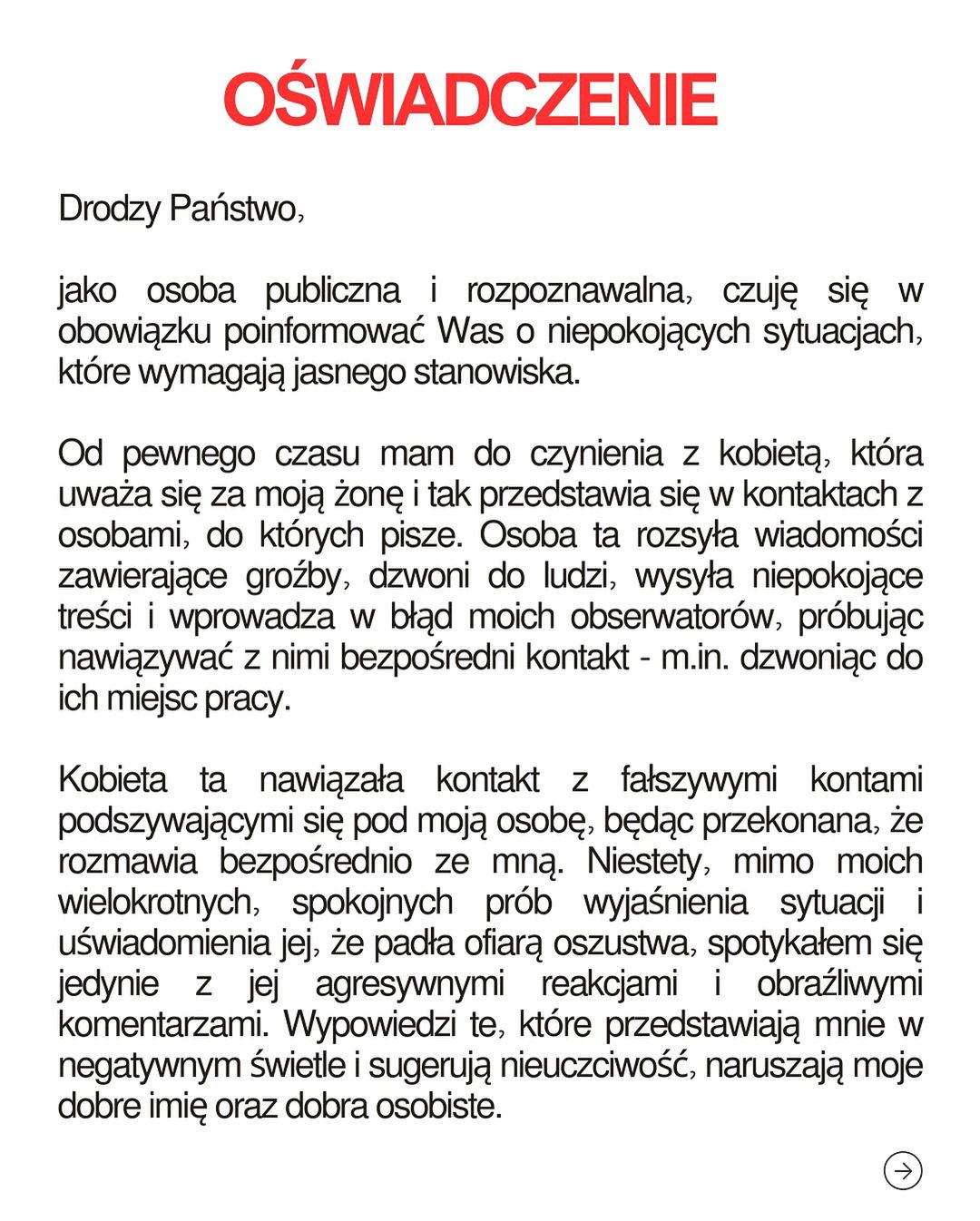 Rafał Brzozowski opublikował oświadczenie