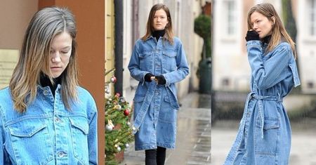 Kasia Struss moknie w dżinsowym płaszczu