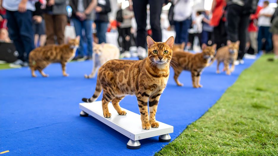 Bengal Cat Posing on a Scale at a Cat Show, Capturing the Beauty and Elegance
A stunning Bengal cat stands proudly on a scale at a cat show, its beautiful spotted coat catching the light. The cat's confident pose and attentive gaze reflect the elegance and poise of this magnificent breed. The surrounding audience adds to the atmosphere of excitement and admiration.
cat, bengal, show, feline, breed, animal, pet, pedigree, domestic, competition, spotted, tabby, portrait, presentation, beauty, elegant, platform, scale, judging, audience, owner, crowd, indoors, event, blue, carpet, grass, stage, exhibition, championship, purebred, domestic, feline, mammal, lovely, cute, watching, caring, stand, cat, bengal, show, feline, breed, animal, pet, pedigree, domestic, competition, spotted, tabby, portrait, presentation, beauty, elegant, platform, scale, judging, audience, owner, crowd, indoors, event, blue, carpet, grass, stage, exhibition, championship, purebred, mammal, lovely, cute, watching, caring, stand