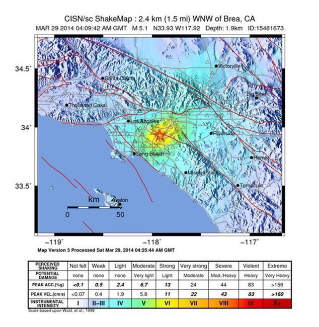 Mapa epicentrum trzęsienia ziemi w Los Angeles