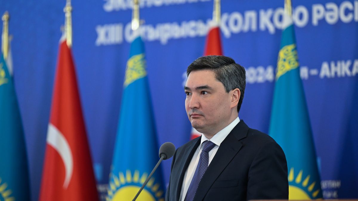ANKARA, TURKIYE - APRIL 25: Kazakh Prime Minister Olzhas Bektenov speaks during the signing ceremony of Turkiye-Kazakhstan Intergovernmental Joint Economic Commission Meeting at the Presidential Complex Exhibition Hall in Ankara, Turkiye on April 25, 2024. (Photo by Ahmet Okur/Anadolu via Getty Images)