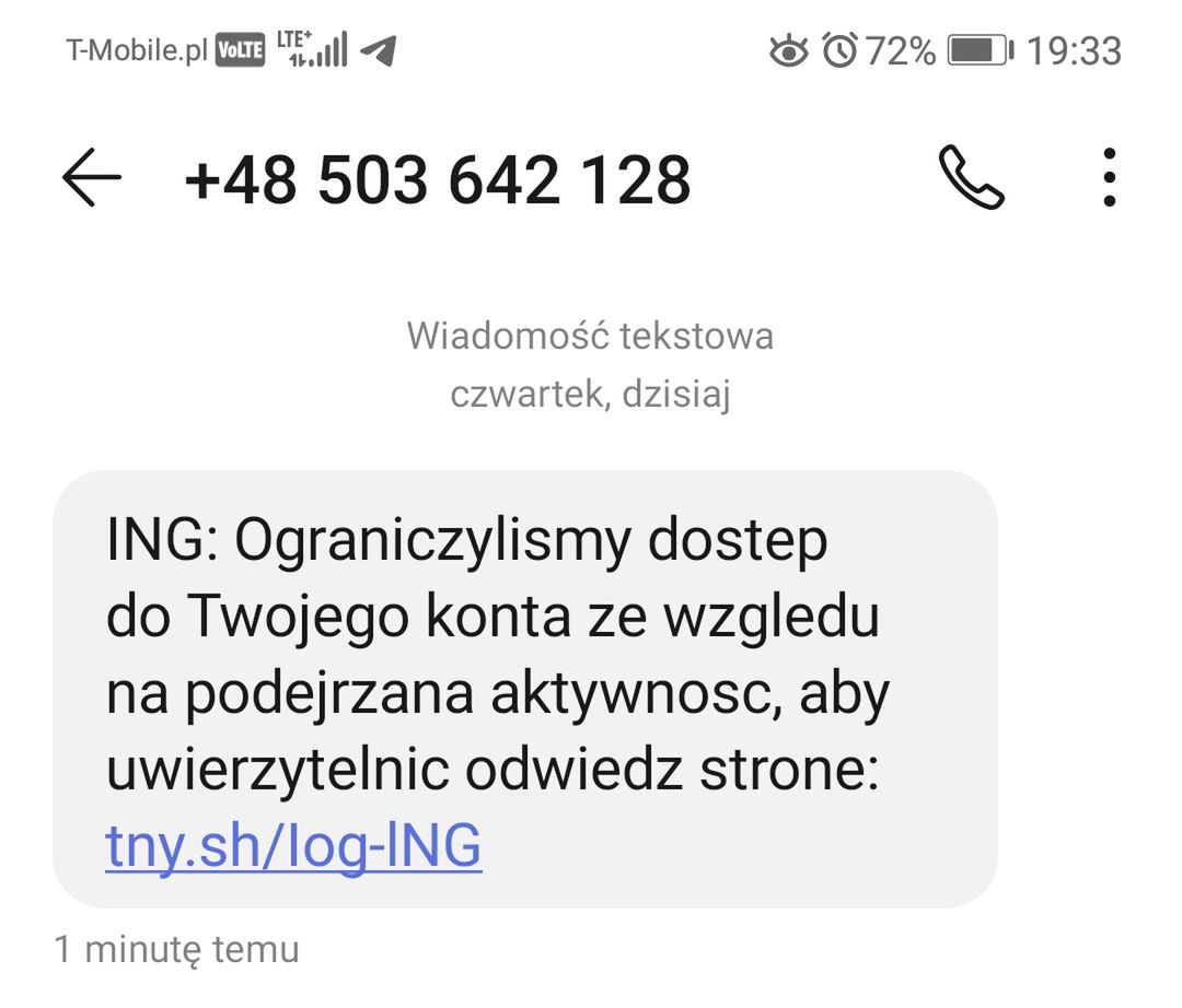 Fałszywa wiadomość "od ING"