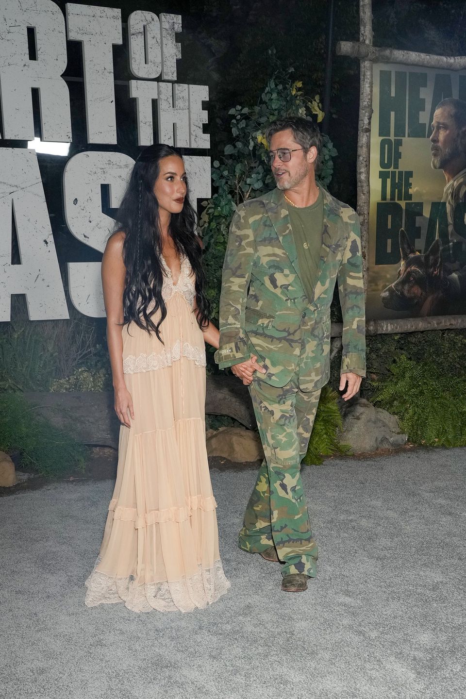 FRANKLIN, TENNESSEE - SEPTEMBER 16: (L-R) Ines de Ramon and Brad Pitt attend Paramount Pictures' "Heart Of The Beast" Global Premiere at FirstBank Amphitheater on September 16, 2026 in Franklin, Tennessee. (Photo by Mickey Bernal/WireImage)