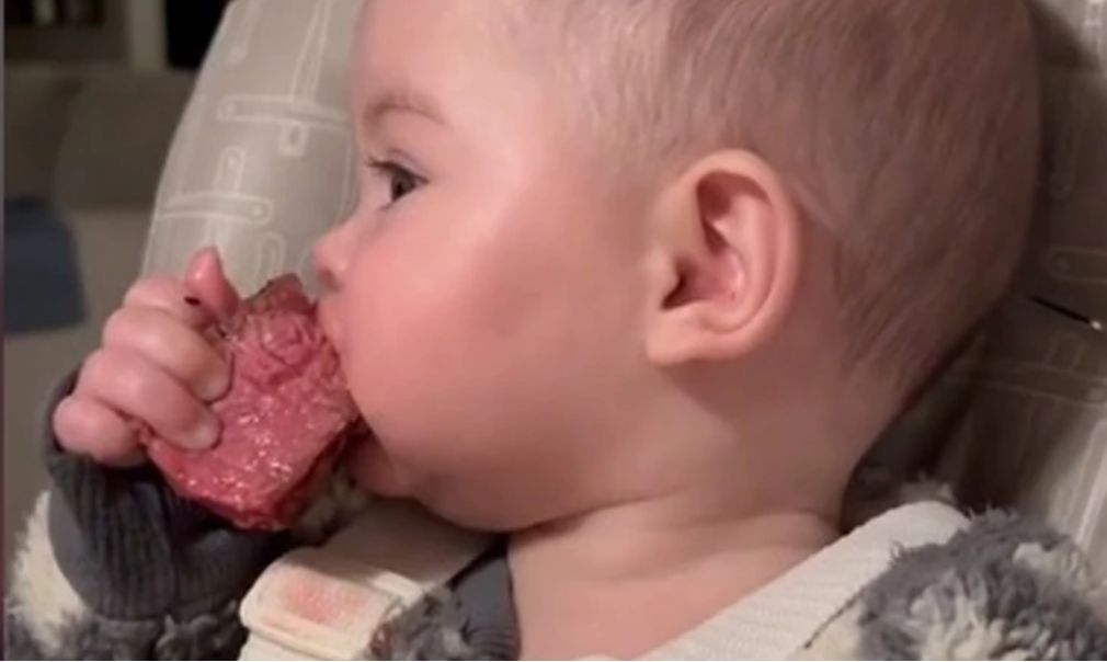 Półroczne niemowlę zajadające się stekiem (TikTok)