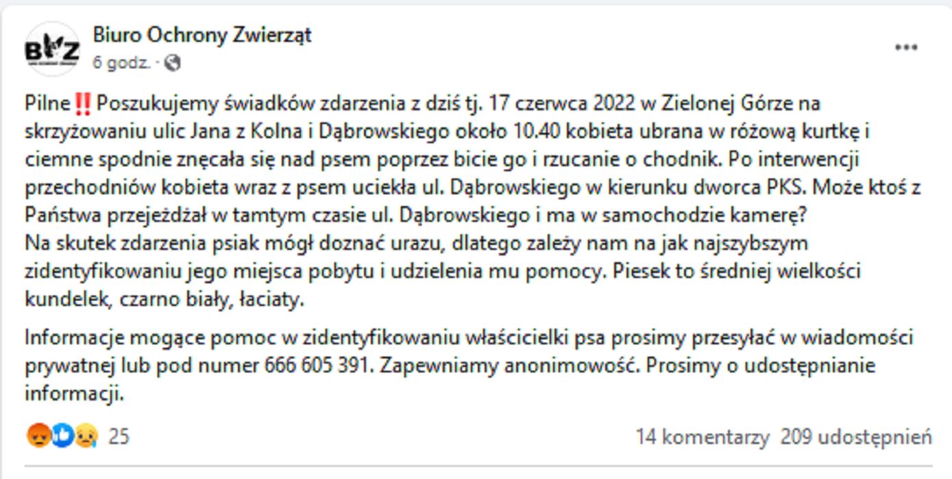 Biuro Ochrony Zwierząt opublikowało post dotyczący znęcania się nad psem.