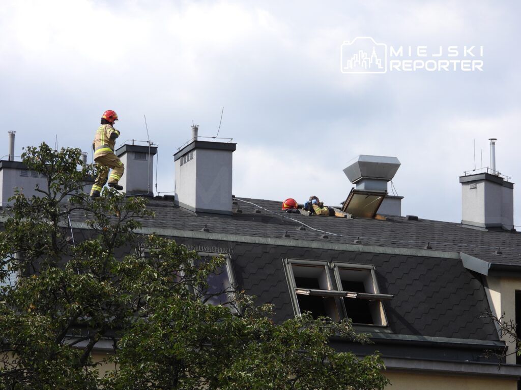 Strażak w kasku i mundurze przemieszcza się po dachu budynku, podczas gdy inny strażak pracuje przy oknie.