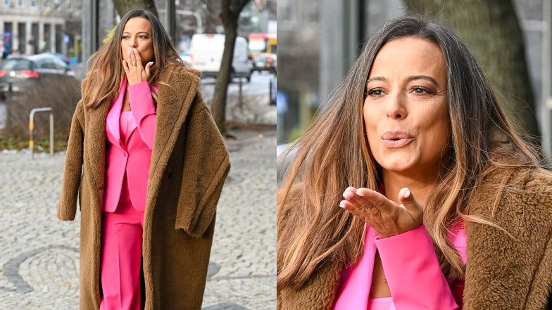 Anna Mucha napawa się blaskiem fleszy pod studiem TVN
