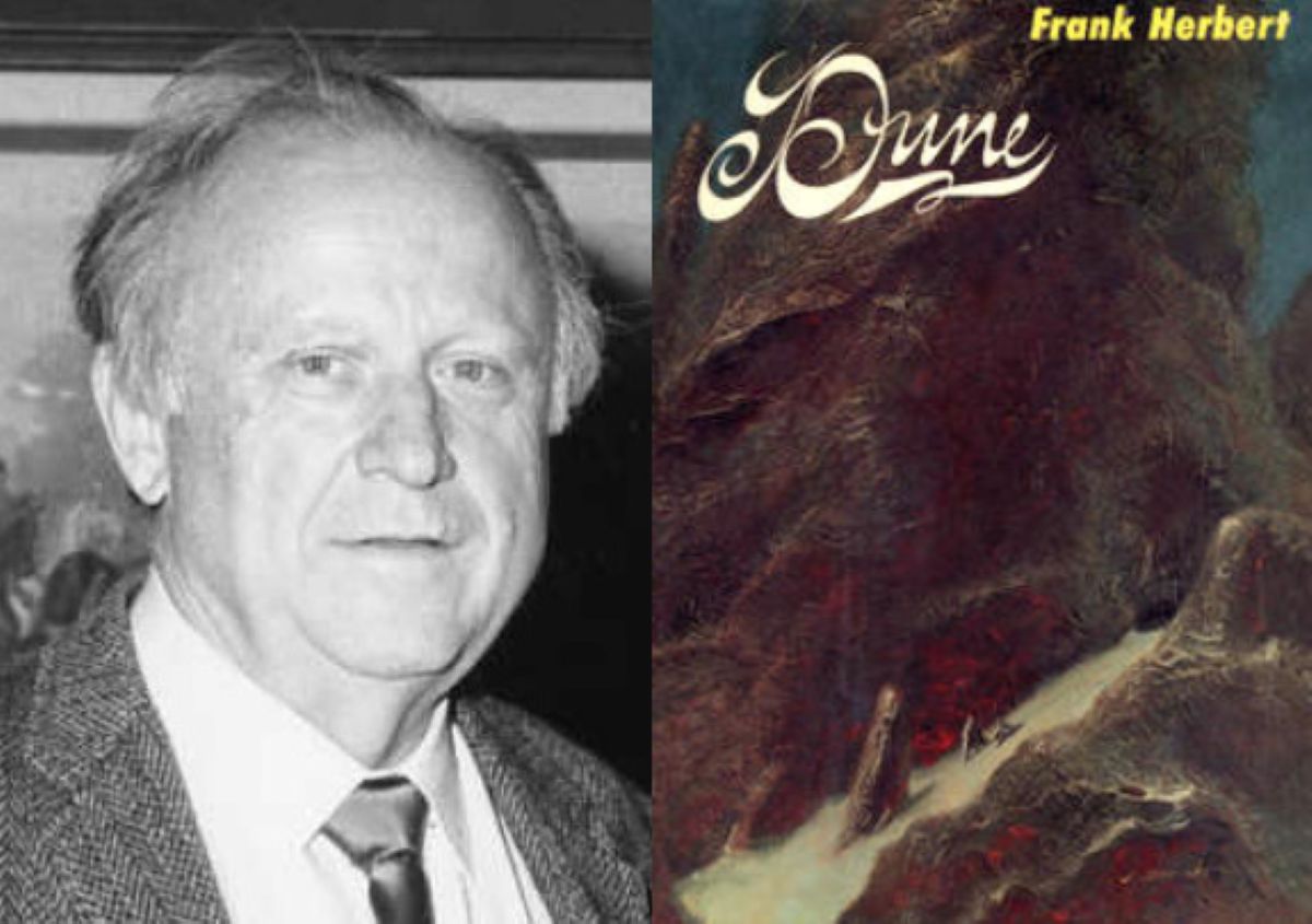 Frank Herbert i okładka pierwszego wydania "Dune" z 1965 r.