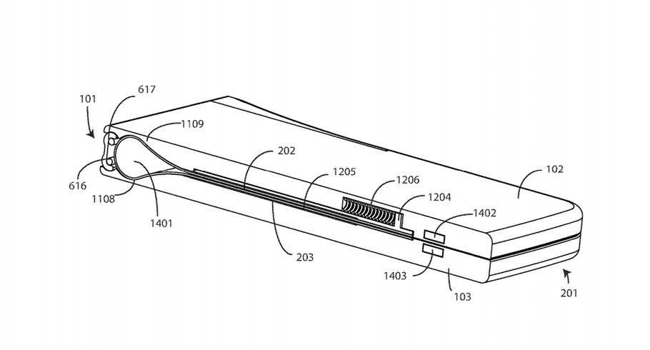 Ilustracja do wniosku patentowego Motoroli, który dotyczy składanego urządzenia z elastycznym ekranem