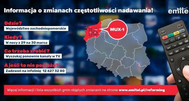 W zachodniopomorskim zmieni się częstotliwość emisji programów na MUX1 i MUX4