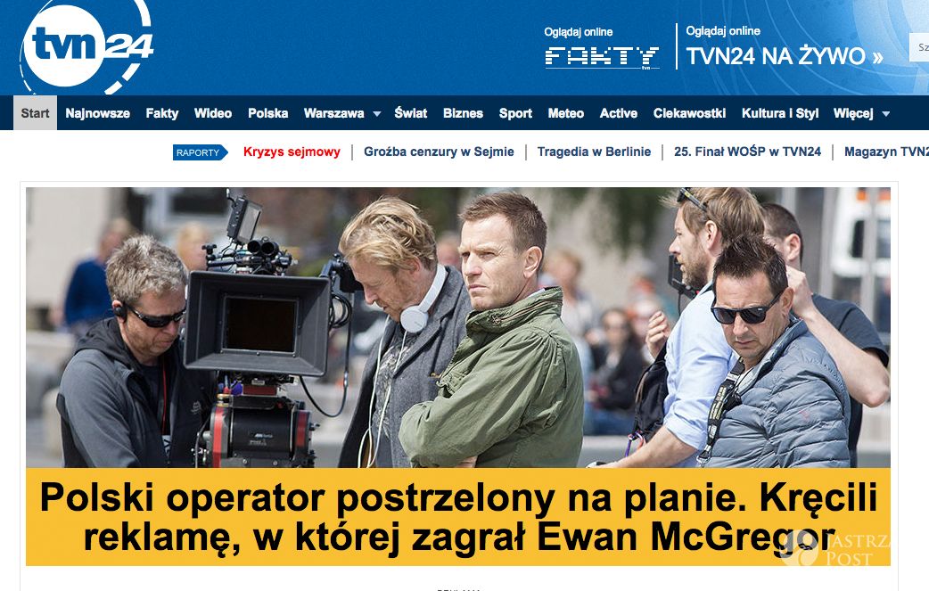 Polski operator postrzelony na planie reklamy z Ewanem McGregorem - screen tvn24.pl