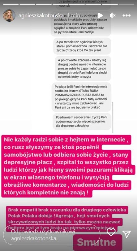 Agnieszka Kotońska odpowiada hejterce