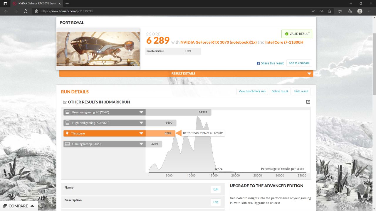 wynik testu z kartą mobilną GeForce RTX 3070 TGP 125