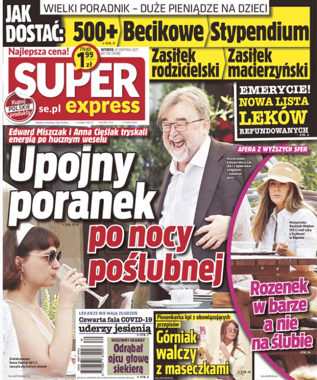 Edward Miszczak i Anna Cieślak - screen okładki Super Expressu z 24.08.2021