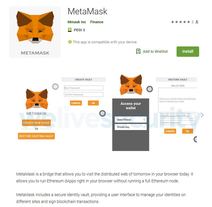 MetMask w Google Play, źródło: ESET.