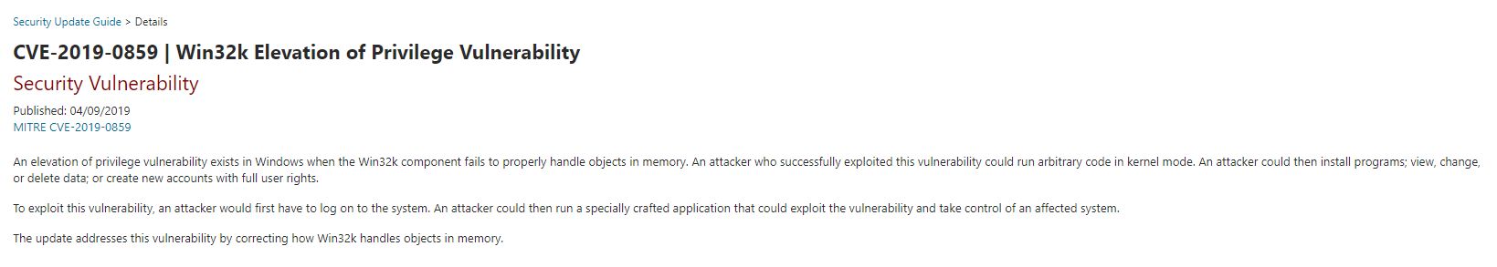 Fragment opisu luki CVE-2019-0859, źródło: Microsoft.