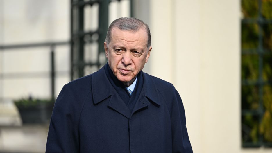 ISTANBUL, TURKIYE - JANUARY 20: Turkish President Recep Tayyip Erdogan speaks to the press after performing Friday prayer at Hz. Ali Mosque in Istanbul, Turkiye on January 20, 2023. (Photo by Emrah Yorulmaz/Anadolu Agency via Getty Images)