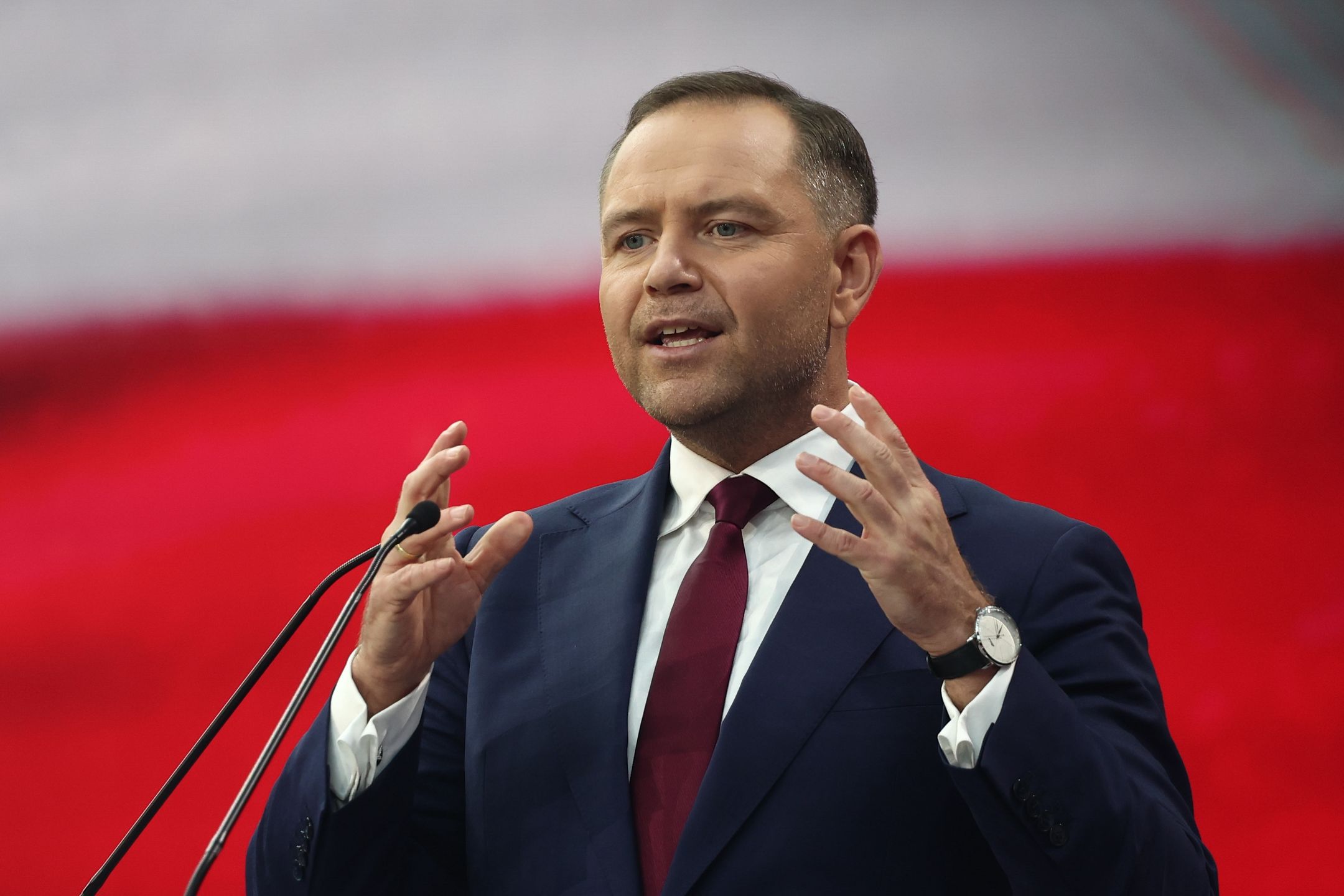 Karol Nawrocki, running for President of Poland supported by Law and Justice party, during the CPAC Conservative Political Action Conference in Jasionka, Poland on May 27, 2025. (Photo by Jakub Porzycki/NurPhoto via Getty Images)