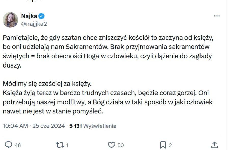 Najjjka staje w obronie księży