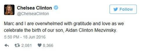 Chelsea Clinton urodziła syna Aidana