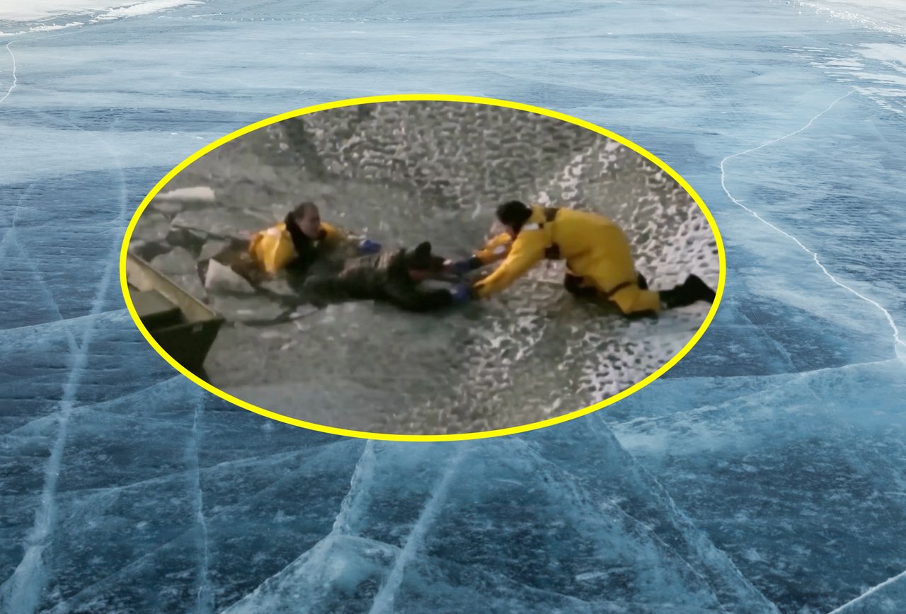 Rescuers' heroic efforts save man and dog from icy plunge