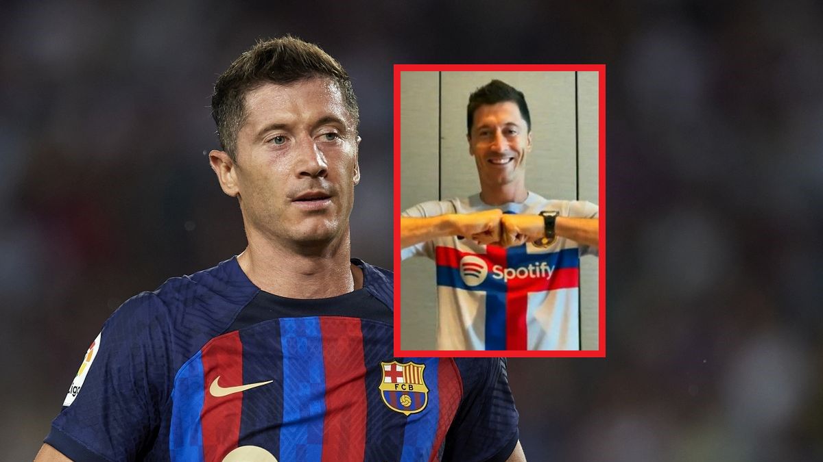Zdjęcie okładkowe artykułu: Getty Images / Nur Photo Contributor / Twitter/FC Barcelona / Na zdjęciu: Robert Lewandowski, na małym zdjęciu: Lewandowski prezentuje trzecią koszulkę Barcelony na sezon 2022/23