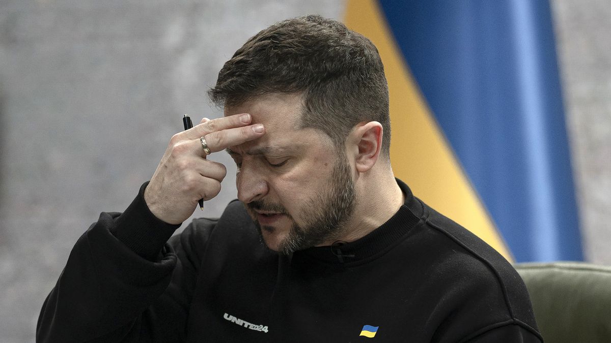 Volodymyr Zelenskiy, Ukraine's president, during a news conference in Kyiv, Ukraine, on Friday, Feb. 24, 2023. Zelenskiy told reporters on the one-year mark of the Russian invasion that his country will secure victory if allies maintain their support, possibly this year. Photographer: Andrew Kravchenko/Bloomberg via Getty Images