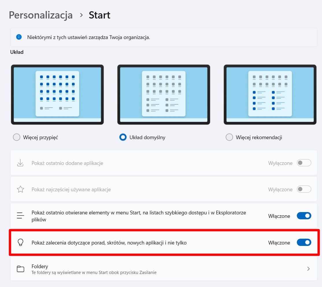 Ustawienia rekomendacji aplikacji w Windows 11