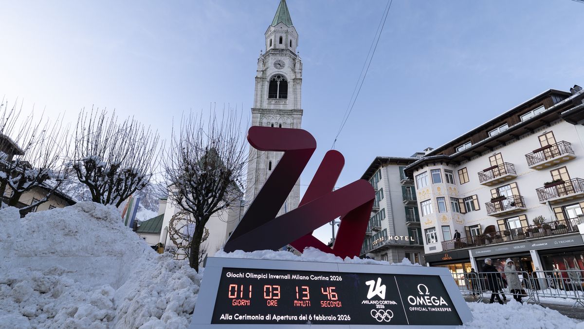 CORTINA D'AMPEZZO, ITALY - JANUARY 26: A general view of the Omega Countdown Clock ahead of the Milano Cortina 2026 Winter Olympics on January 26, 2026 in Cortina d'Ampezzo, Italy.  (Photo by Maja Hitij/Getty Images)
