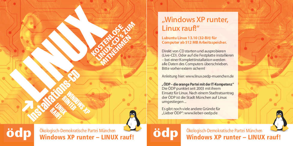Koniec XP. Szturmem na GNU/Linux. Czy tak to powinno wyglądać? - Awers z rewersem projektu pudełka płyty