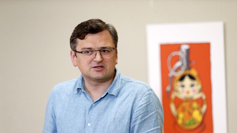 KYIV, UKRAINE - JUNE 28, 2022 - Minister of Foreign Affairs of Ukraine Dmytro Kuleba attends the opening of the exhibition of military posters at the Ukrainian Foreign Ministry, Kyiv, capital of Ukraine. This photo cannot be distributed in the Russian Federation. (Photo credit should read Ruslan Kaniuka/ Ukrinform/Future Publishing via Getty Images)