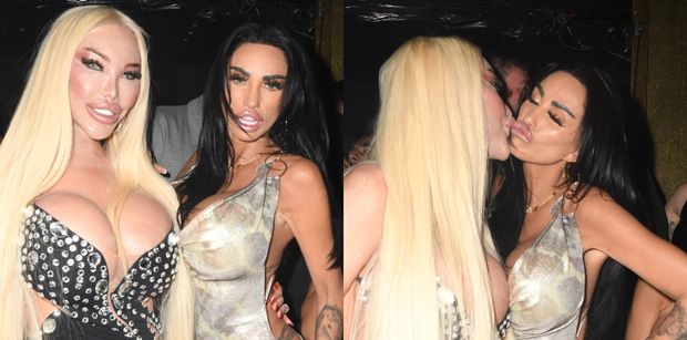 Odziana w powycinaną sukienkę Katie Price imprezuje z Jessiką Alves. Obdarowała żywą Barbie soczystym pocałunkiem