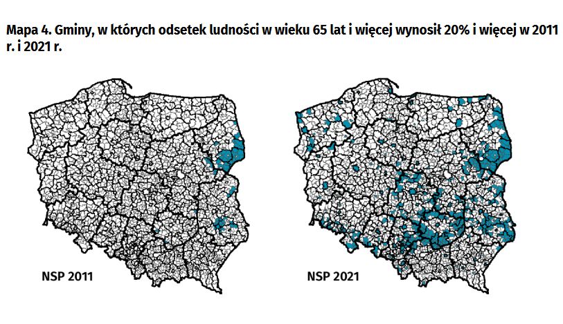 Gminy, w których odsetek ludności w wieku 65 lat i więcej wynosił 20 proc. i więcej w 2011r. i 2021 r.