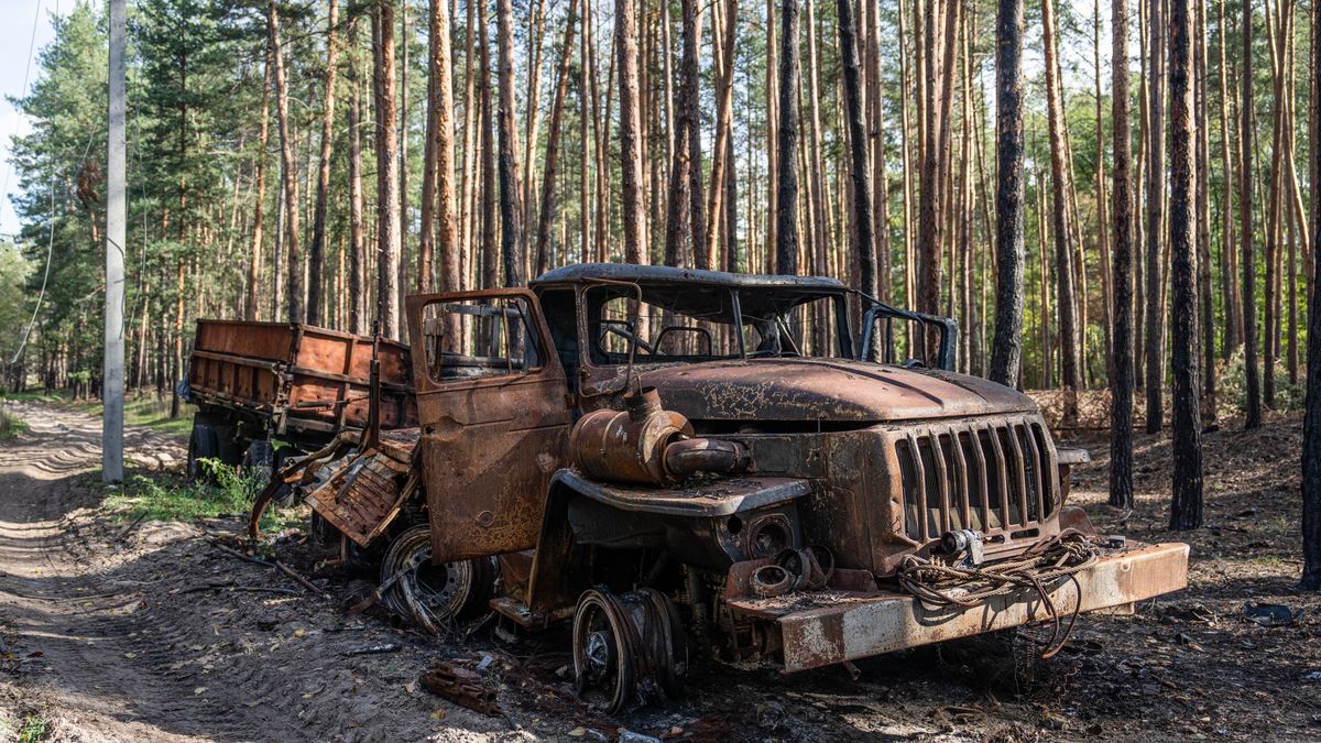 LYMAN, UKRAINE - 2022/10/08: A Russian ammunition truck was destroyed by Ukrainian forces in an ambush near Lyman during the liberation of the area. The city of Lyman was liberated from Russian occupation on October 1 as part of the Ukrainian counteroffensive to regain territory in the east of the country. (Photo by Laurel Chor/SOPA Images/LightRocket via Getty Images)