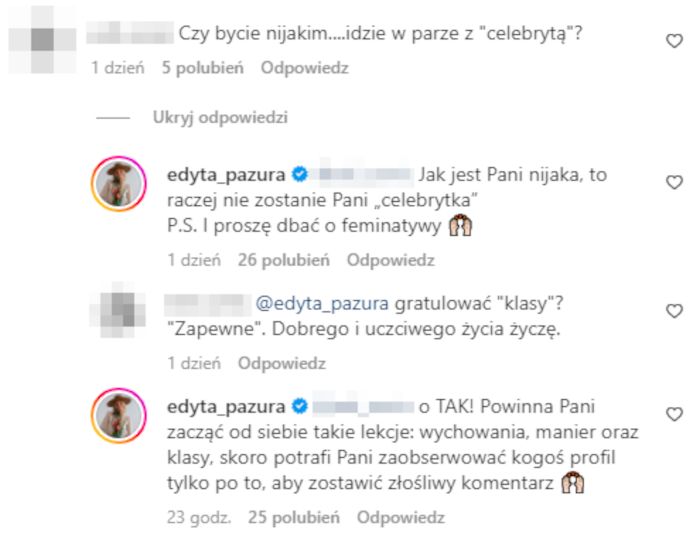Komentarze na profilu Edyty Pazury