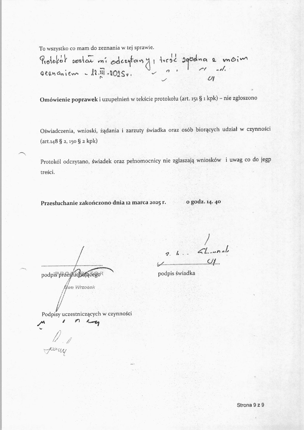 Protokół przesłuchania świadka