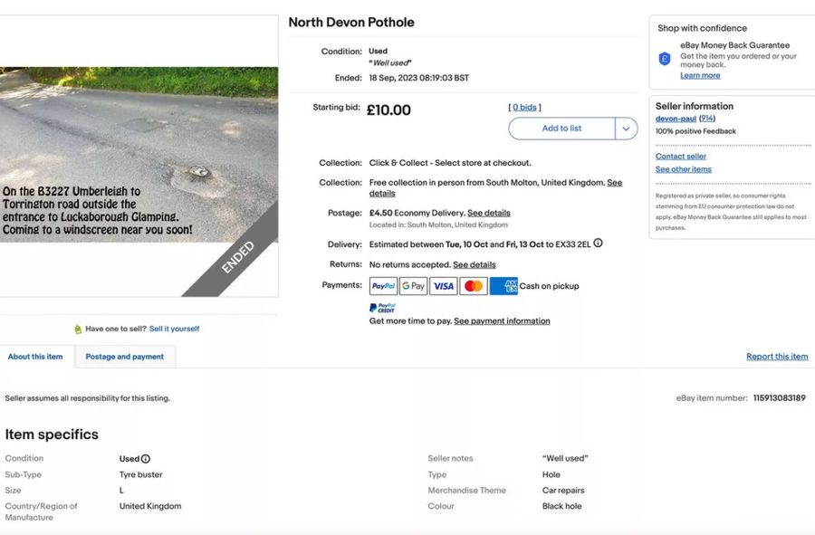 Mężczyzna wystawił dziurę na eBay. Problem wyboistych dróg