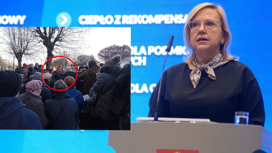 Minister Anna Moskwa na konferencji o zablokowaniu podwyżek cen ciepła. Na mniejszym zdjęciu protest w Łasku