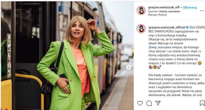 Warszawa wydała 20 tys. złotych na reklamę publicznej komunikacji. W tym na kontrowersyjny post Grażyny Wolszczak