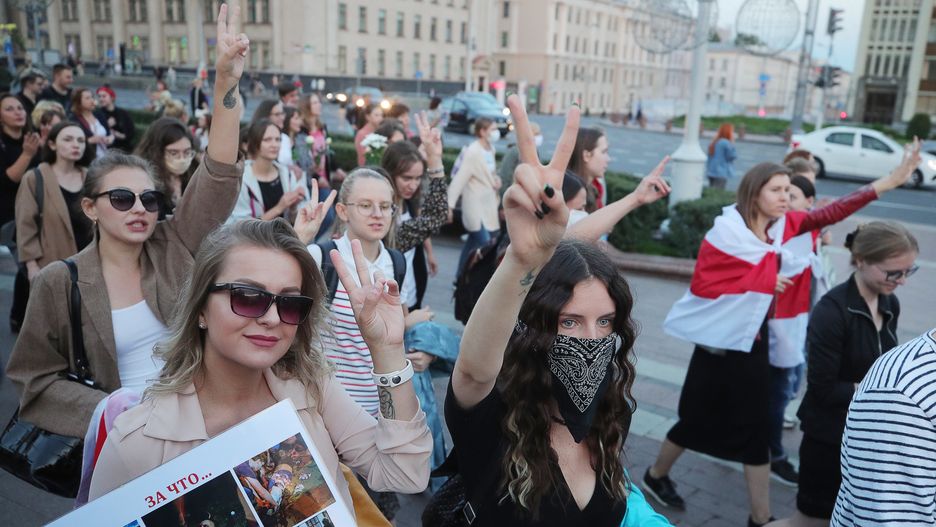 MINSK, BELARUS - SEPTEMBER 4, 2020: Belarusian opposition supporters stage a protest in Independence Square. Mass protests erupted in major cities across Belarus after the announcement of the results of the 2020 Belarusian presidential election on August 9. Sergei Bobylev/TASS (Photo by Sergei Bobylev\TASS via Getty Images)