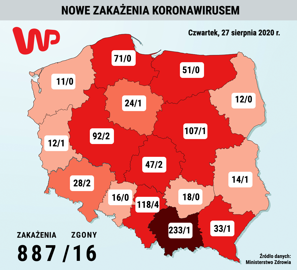 Mapa z nowymi zakażeniami i zgonami