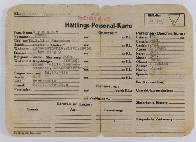 Karta urodzonego w Warszawie więźnia obozu Buchenwald. Na jej podstawie tworzono karty perforowane, pozwalające na maszynowe przetwarzanie danych.