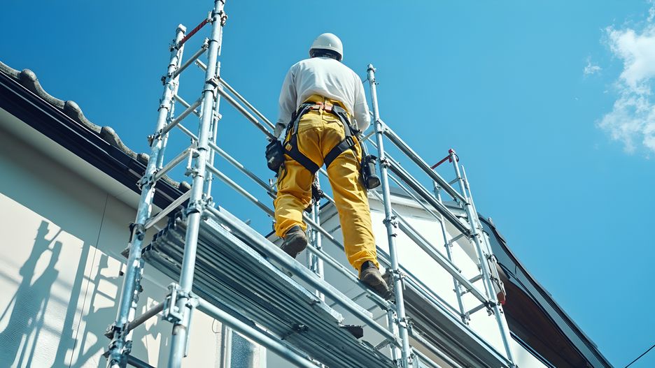 A construction worker in safety gear stands atop a tall scaffolding platform while working on a house exterior renovation project..construction worker, scaffolding, safety gear, construction, worker, building, house, renovation, exterior, work, safety, building site, home improvement, construction site, high rise, maintenance, repair, worker safety, fall protection, helmet, harness, building exterior, industrial safety, construction worker safety, infrastructure, skyscraper, residential construction, building maintenance, construction industry, commercial construction, high rise building, worker protection, professional worker, outdoor construction, construction equipment, metal scaffolding, safety equipment, working at height, construction image, building project, construction worker, scaffolding, safety gear, construction, worker, building, house, renovation, exterior, work, safety, building site, home improvement, construction site, high rise, maintenance, repair, worker safety, fall protection, helmet, harness, building exterior, industrial safety, construction worker safety, infrastructure, skyscraper, residential construction, building maintenance, construction industry, commercial construction, high rise building, worker protection, professional worker, outdoor construction, construction equipment, metal scaffolding, safety equipment, working at height, construction image, building project