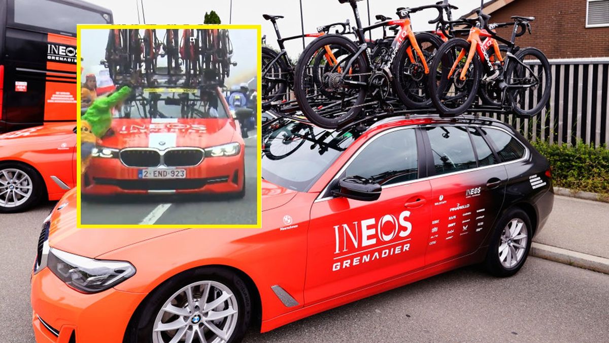  / Joan Cros - Corbis/Getty Images i Twitter/Eurosport_PL  / Na zdjęciu: podczas 14. etapu Tour de France samochód techniczny Ineos Grenadiers potrącił kibica