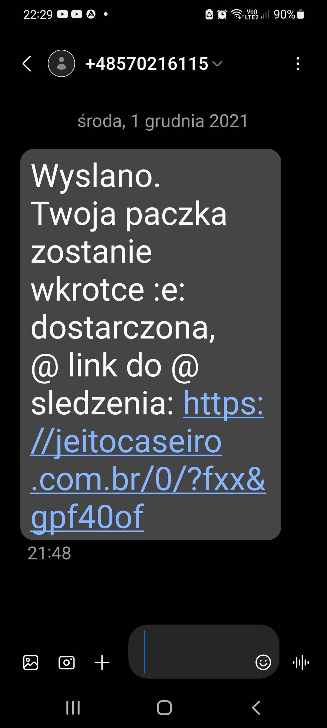 Fałszywy SMS o zamówieniu lub paczce