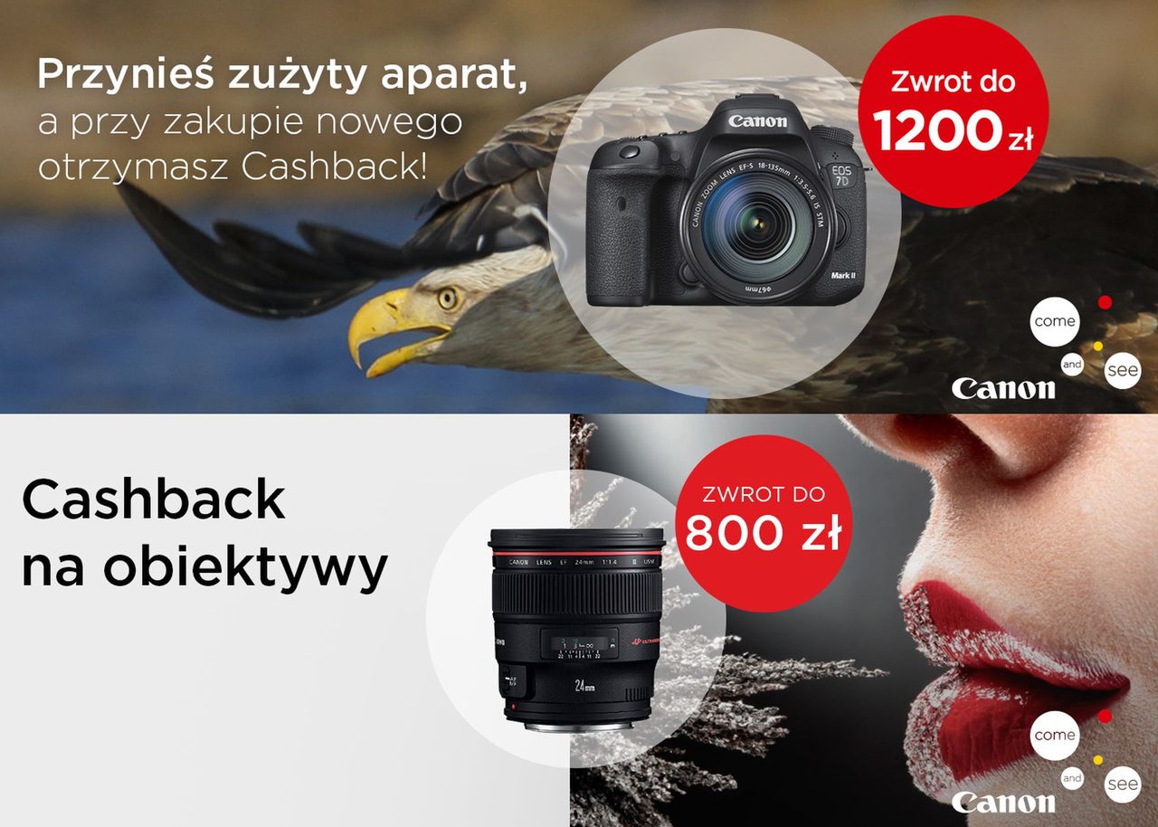 W akcji CashBack Canona dostaniesz nawet 1200 zł przy zakupie nowego aparatu i do 800 zł za obiektyw