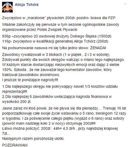 Alicja Tchórz nie zostawia na Polskim Związku Pływackim suchej nitki (screen: Facebook)