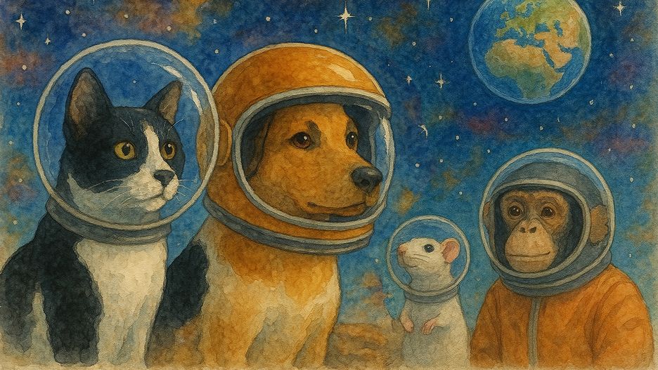 Ilustracja zwierząt jako kosmicznych podróżników.